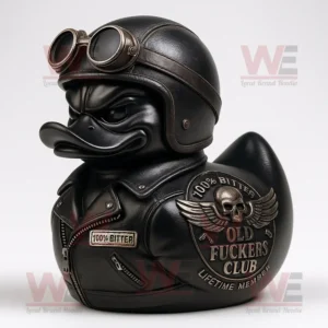 Close up of black biker style rubber duck with helmet jacket and Old Fuckers Club emblem on side!