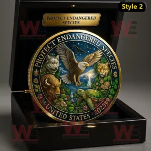 2025 Endangered Species Commemorative Coin 3 A 2025 United States coin design promoting protection of endangered species with detailed artwork of animals like an eagle, wolf, bison, turtle, and wildcat set in a natural landscape.