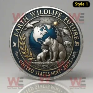 A 2025 United States Mint coin design showing a bear and cub before a globe, encircled by wildlife and nature symbols promoting conservation and the protection of Earths future.