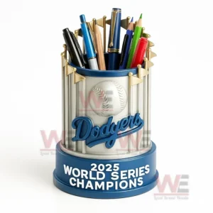 2025 LA Dodgers Championship Commemorative Pen Holder 5 Close up of the Dodgers 2025 World Series Champions pen holder filled with pens and pencils against a white background.