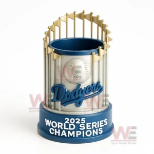 2025 LA Dodgers Championship Commemorative Pen Holder 6 Empty Dodgers 2025 World Series Champions pen holder with metallic structure and blue base against a plain background.