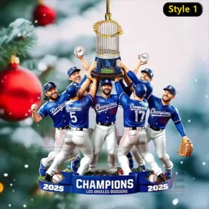 Baseball players in blue uniforms lifting a championship trophy in a festive scene.