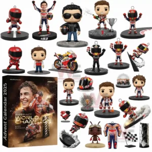 A set of racer themed miniature figures and accessories displayed against a neutral backdrop with each item clearly visible!