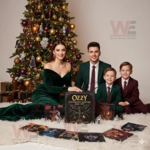 Family in formal attire sitting by a Christmas tree with the Ozzy Advent Calendar box set.