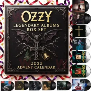 Close up of Ozzy Advent Calendar 2025 box set with mini album covers and ribbons.