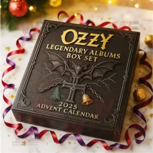 Ozzy Advent Calendar 2025 box on a decorated table with ribbons and ornaments.