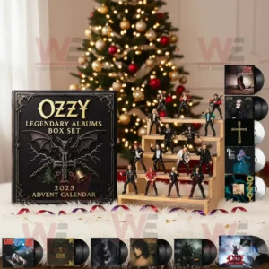 Ozzy Osbourne Advent Calendar box set with miniature figures and albums in front of a Christmas tree.