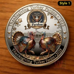 A polished commemorative coin with two turkeys facing forward and a central eagle emblem above a government building!