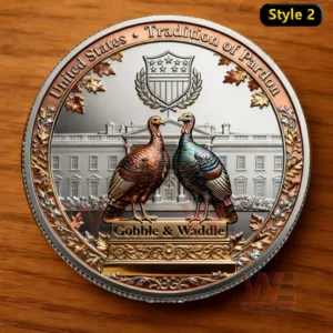A detailed commemorative coin showing two turkeys on a pedestal with a shield emblem and government building behind them!
