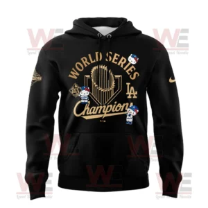 Yoshinobu Yamamoto Hello Kitty Champions 2025 Hoodie and Cap 6 Black hoodie with Dodgers World Series Champion logo and Hello Kitty characters in baseball outfits.