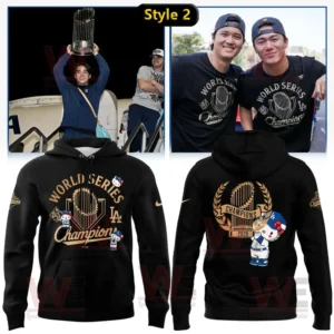 Yoshinobu Yamamoto Hello Kitty Champions 2025 Hoodie and Cap 7 Two designs of Dodgers 2025 Champion hoodies with gold logos and Hello Kitty details celebrating the team victory.