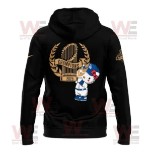 Yoshinobu Yamamoto Hello Kitty Champions 2025 Hoodie and Cap 8 Back of Dodgers 2025 Champions hoodie with gold trophy design and Hello Kitty in team uniform bowing.