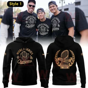 Three men celebrate wearing Los Angeles Dodgers 2025 World Series Champions shirts with matching black hoodies featuring the team logo and trophy graphic.