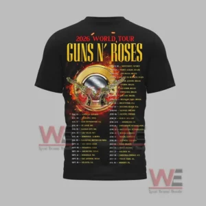 2026 World Your Gun N Roses Shirt and Hoodie 8 Black tour shirt with flaming guns and roses emblem and full world tour schedule.