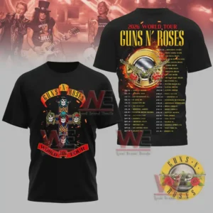 2026 World Your Gun N Roses Shirt and Hoodie 7 Black shirt with skull cross design on front and flaming tour emblem on back.