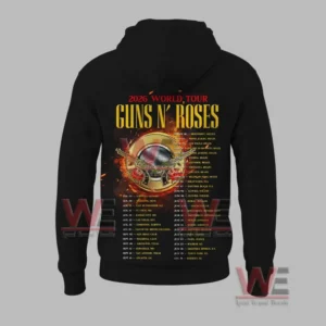 2026 World Your Gun N Roses Shirt and Hoodie 9 Black hoodie with flaming emblem and full world tour schedule on back.