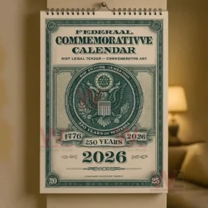Alt text: 250th anniversary commemorative calendar with a dollar bill design.
