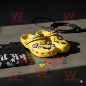 5 Seconds of Summer Crocs Clogs with Charms 9 Yellow Crocs with music themed charms next to shirt and guitar picks!
