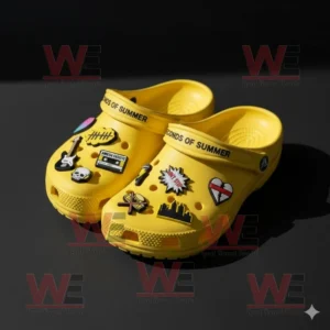 5 Seconds of Summer Crocs Clogs with Charms 10 Yellow Crocs with 5 Seconds of Summer design and assorted charms on dark background!
