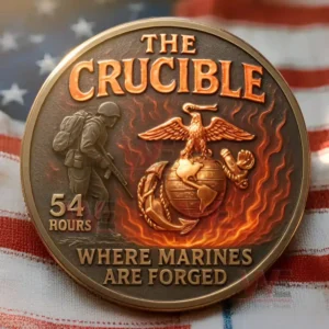 A detailed metal coin featuring a marine figure a crest and flame patterns placed on a folded American flag.