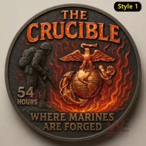 A round coin featuring a marine figure an emblem and strong flame patterns.