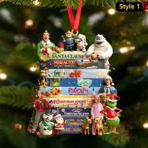 Christmas ornament featuring characters from classic holiday films with stacked movie titles and festive decorations on a Christmas tree branch!