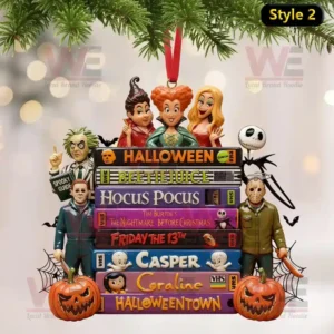 Halloween hanging ornament with classic spooky movie characters and stacked VHS tapes under festive lights and pumpkin decor!