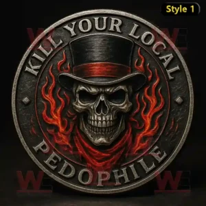An engraved coin showing a skull in a top hat surrounded by red flame motifs, rendered in a weathered metal finish with high detail.