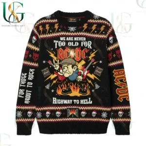 Black AC DC Christmas sweater showing a cartoon rocker, guitars, flames, and the text Highway To Hell in a festive rock design!