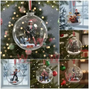 A group of glass Christmas ornaments holds miniature rock themed figures arranged in a snowy decorative setting!