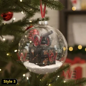 AC/DC Rock Band Christmas Ornament 10 A glass Christmas ornament holds a tiny cannon structure arranged in a snowy festive environment!