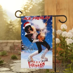 Alt text: Front and back views of Ace Frehley Christmas flag with Santa hat, guitar, and 