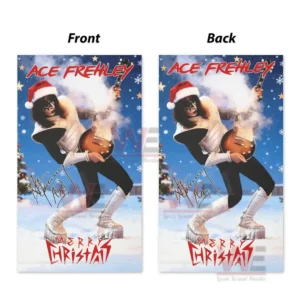 Alt text: Ace Frehley in a Santa hat playing guitar on a Christmas flag displayed with plants in the background.