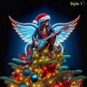 Rock guitarist dressed in red and black with a Santa hat sitting on a decorated Christmas tree surrounded by glowing lights.