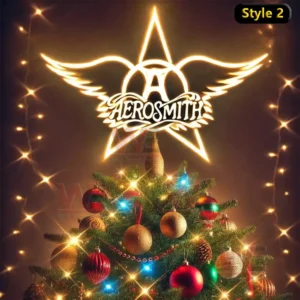 Aerosmith Band Christmas Tree Topper 7 Christmas tree decorated with ornaments and lights topped with a glowing Aerosmith logo star.
