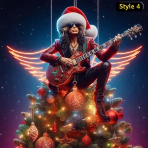 Aerosmith Band Christmas Tree Topper 9 Guitarist with Santa hat sitting on a glowing Christmas tree decorated with red ornaments and lights.