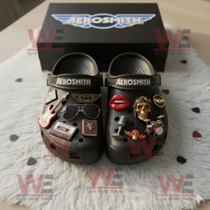 Aerosmith Crocs Clogs with Charms 7 Aerosmith Crocs with guitar and skull charms on dark concert floor with cable!