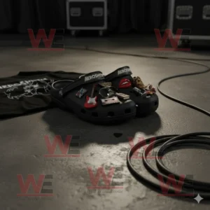 Aerosmith Crocs Clogs with Charms 8 Black Crocs with Aerosmith logo and charms on stage floor with dramatic light!