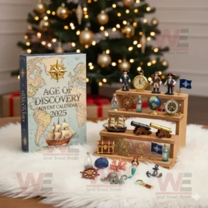 Age of Discovery Advent Calendar 2025 with miniature nautical toys displayed near a Christmas tree!