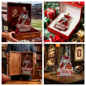 The image shows an Alabama Crimson Tide themed bottle standing inside an open wooden case with a football stadium in the background!
