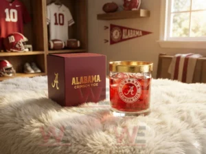 A close up of an Alabama Crimson Tide glass on a furry surface with sports memorabilia in the background!