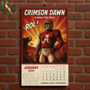 Alabama Crimson Tide 2026 Wall Calendar 5 Alabama Crimson Tide January 2026 calendar with player in red uniform posing powerfully before a sunrise background!