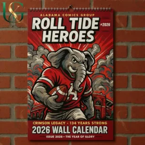 Alabama Crimson Tide 2026 Wall Calendar 7 Alabama Crimson Tide 2026 wall calendar cover showing elephant mascot holding football with dramatic red background!