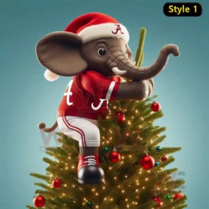 Elephant mascot in red clothes hugging a decorated Christmas tree with lights and red ornaments.