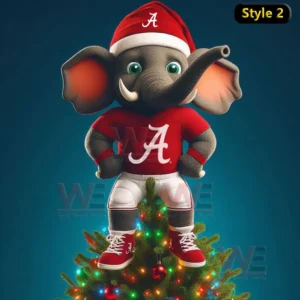 Elephant mascot in red shirt and Santa hat standing on a colorful Christmas tree.