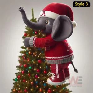 Elephant mascot in red sweater hugging a colorful Christmas tree with lights and ornaments.