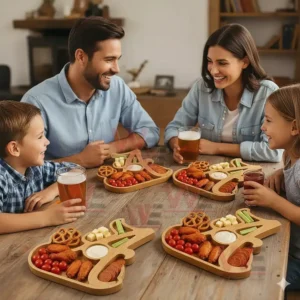 Alabama Crimson Tide Heritage Platter Board 3 A family of four sits together at a wooden table with wooden snack trays filled with assorted foods and drinks!