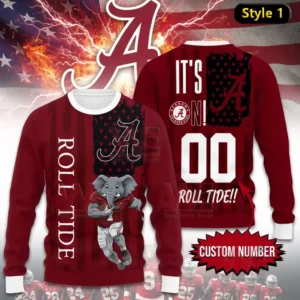 Alt text: Alabama Crimson Tide Christmas sweater with an elephant mascot, "Roll Tide" text, and team colors.