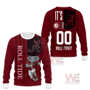 Alabama Crimson Tide Roll Tide Roll Christmas Sweater 10 Alt text: Front and back views of Alabama Crimson Tide Christmas sweater with mascot and slogan.