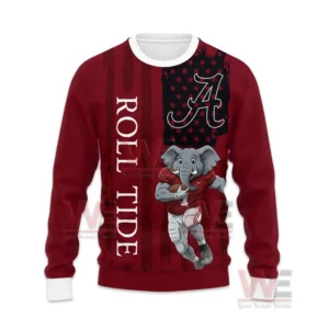 Alabama Crimson Tide Roll Tide Roll Christmas Sweater 11 Alt text: Front view of Alabama Crimson Tide Christmas sweater with mascot and